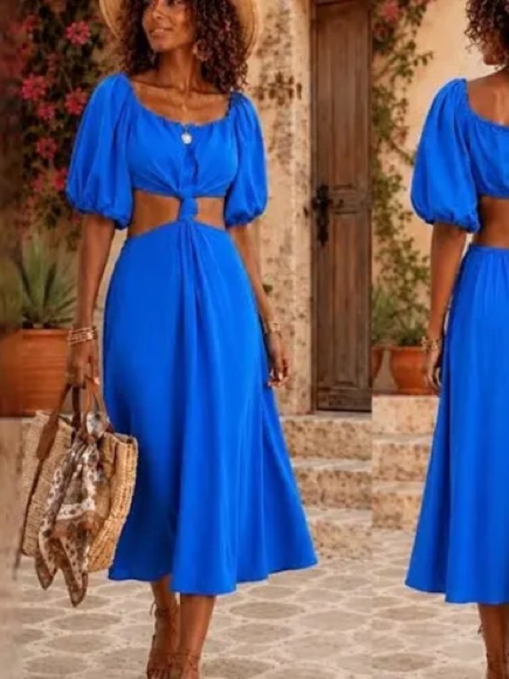 Farm Rio Midi Knot Dress Womens XS Blue Excellent Puff Sleeve Cutout Linen Blend